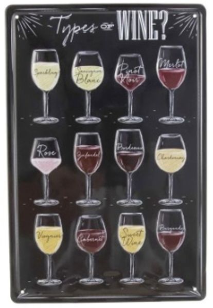 Hovedbilde Metallskilt TYPES OF WINE, 20 x 30 cm