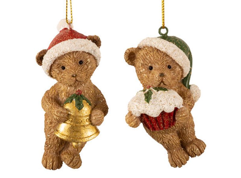 Bamse henge brun/rød m/pynt h:7,5cm 2ass