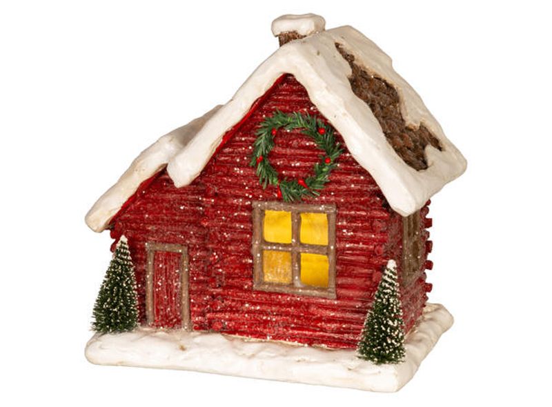 Hus jul LED rød m/snø, 21 x 14,5 x 19,7 cm
