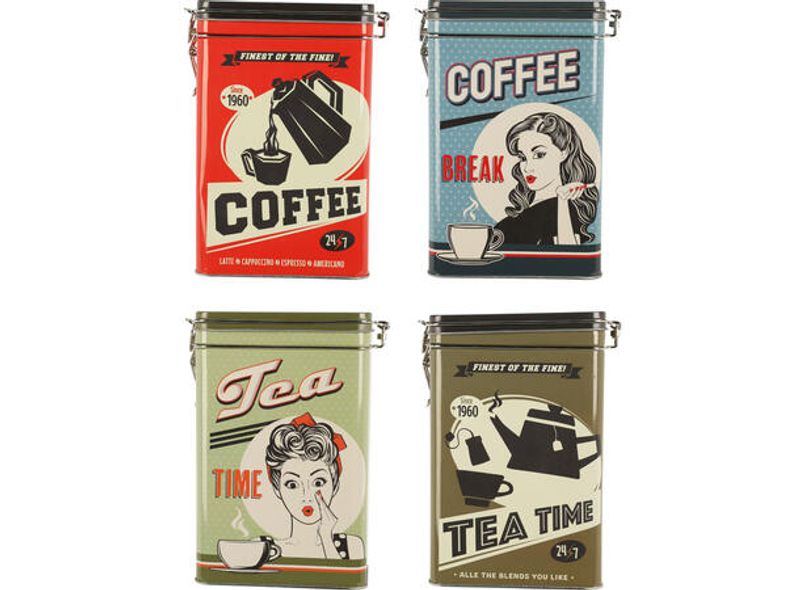 Metallboks retro kaffe te, 4 ass