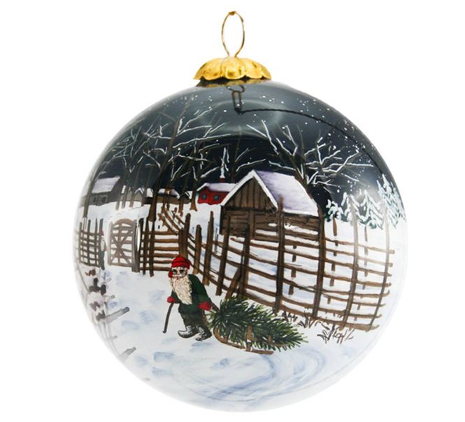 Hovedbilde Julekule, håndmalt, Nissen henter juletre
