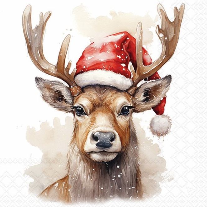 Hovedbilde Servietter lunsj - Deer with Santa hat white